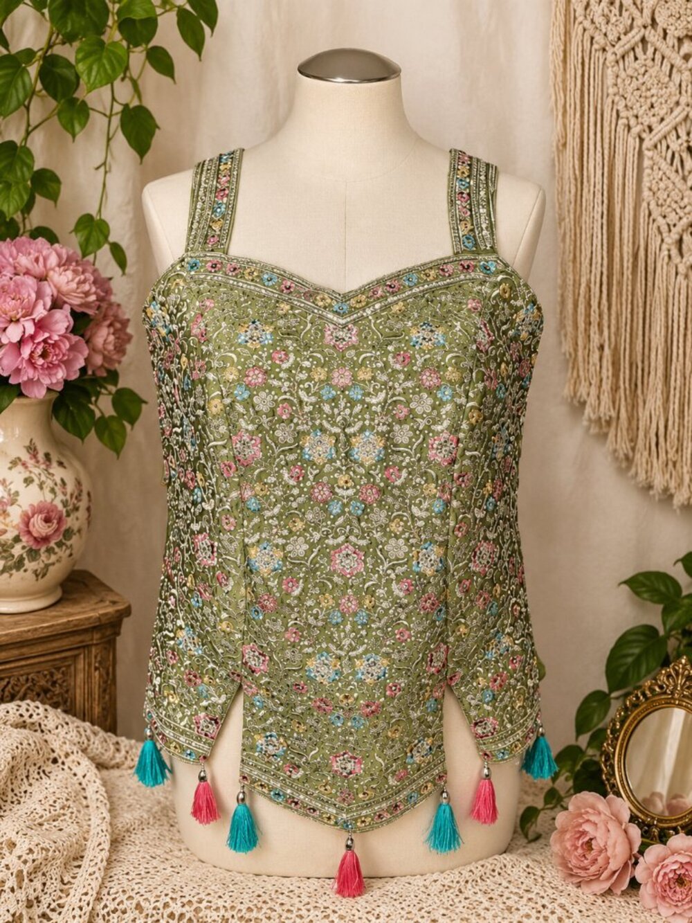 Y2K Olive Green Embroidered Brocade Corset Top XL Tassel Boho India